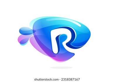 R letter logo made of spring water and dew drops. Environment friendly initial. Pure eco emblem in overlapping watercolor style. 3D realistic icon in round triangle arrow shape. Vector play button.