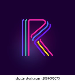 El logotipo de la letra R está hecho de tres líneas de neón. Tipo de letra vectorial con efecto brillante. Perfecto para la identidad del casino, vívida banner de venta y afiches futuristas. 