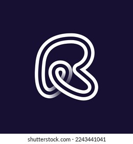Logo de la letra R hecho de dos líneas paralelas blancas sobre fondo negro. Icono de bucle infinito. Un elegante emblema que se apodera. Ideal para aplicaciones dinámicas, diseño minimalista, identidad deportiva, adv tecnológica.