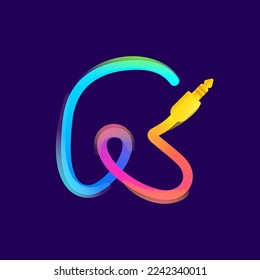 R letter logo made of vivid gradient line wire with mini jack icon and rainbow shine. Overlapping multicolor emblem. Ideal for music app, audio design, DJ identity, technology advertising.