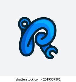 R letter logo made of a wrench. Vector typeface for repair services, tools shop identity, crafts posters, etc.