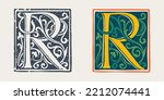 R letter logo in medieval gothic style. Set of dim colored and monochrome grunge style emblems. Engraved initial drop cap. Perfect for vintage premium identity, Middle Ages posters, luxury packaging.