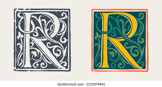 R Letter Logo In Medieval Gothic Style. Set Of Dim Colored And Monochrome Grunge Style Emblems. Engraved Initial Drop Cap. Perfect For Vintage Premium Identity, Middle Ages Posters, Luxury Packaging.