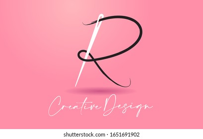 R Letter Logo with Needle and Thread Creative Design Concept Vector Illustration.