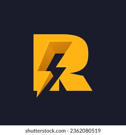 R letter logo with negative space lightning. Flash vector monogram. Electric bolt icon. Perfect type for energy labels, superhero t-shirt print, rock music posters, delivery art, electromobile adv.