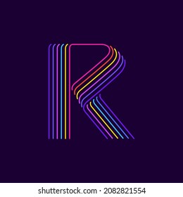 R letter logo in neon light style. Six thin lines colored font. Perfect for casino events posters, vivid emblem, nightlife banner and futuristic identity. 