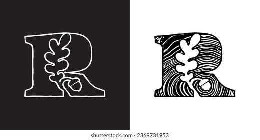 R letter logo with oak leaf and acorn. Tree cross-section. Natural wood texture, ring pattern. Trunk saw cut. Negative space emblem. Vector icon for eco identity, university coat of arms, vintage adv.