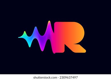 R letter logo with pulse music player element. Vibrant sound wave flow line and glitch effect. Neon gradient icon. Vector template for techno store, electronic music, audio equalizer, DJ posters.