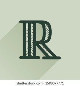 R letter logo in retro money style with line pattern and shadow. Vintage slab serif type for bank, bill, diploma, label and posters.