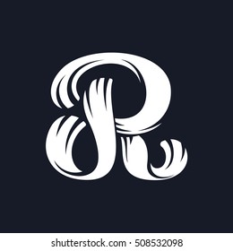 R letter logo script typeface. Handwritten brush alphabet. Old style vintage script font. White vector typeface for labels, posters and cards.