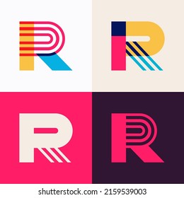 R letter logo set made of overlapping lines. Perfect for applique art, children design, vibrant advertising, mosaic packaging, pattern identity.