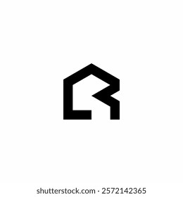 The R letter logo is shaped like a house. A minimalist symbol in the form of the letter R formed by the silhouette of a house and its roof. This logo is perfect for the construction or real estate