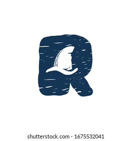 R letter logo with shark's fin. Hand drawn monochrome vintage nautical style. Perfect for clothing labels, apparel print, retro posters etc.