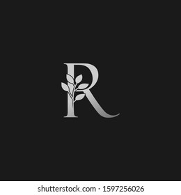R Letter Logo Silver Classy Vintage  Nature Floral Branch Silhouettes Vector Design Initial Concept.