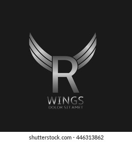 R letter logo. Silver wings symbol. Silver R letter logo template for air company