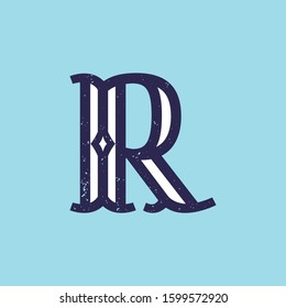 R letter logo in slab serif retro style with grunge texture. Vector font for your fashion poster, jewelry badge, vintage banner, boutique card etc.
