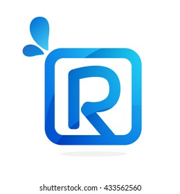 R letter logo in square with blue drops.