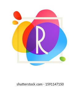 R letter logo in square frame at watercolor splash background. Color overlay style. Vector typeface for labels, headlines, posters, cards etc.