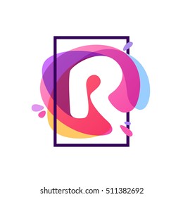 R letter logo in square frame at watercolor splash background. Vector typography for your posters, invitations, cards. 