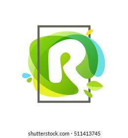 R letter logo in square frame at green watercolor splash background. Vector ecology typography for your posters, invitations, cards. 