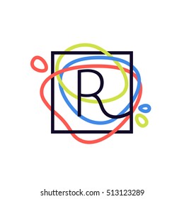 R letter logo in square frame at colorful line background. Font style, vector design template elements for your posters, invitations, cards. 