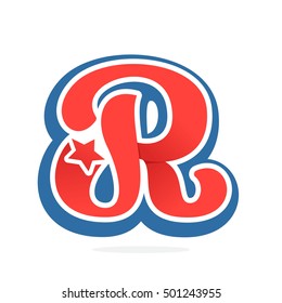 R letter logo with star in vintage baseball style. Sport elements for sportswear, club, t-shirt, banner, card, labels or posters.