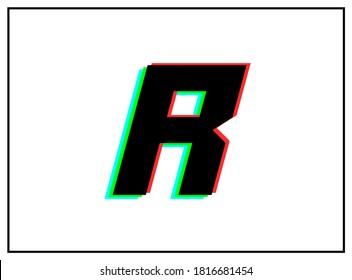 R letter logo, vector desing font .Dynamic, split-color, shadow of  number red, green, blue in black frame on white background. Eps10 illustration