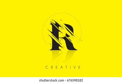 R Letter Logo with Vintage Grunge Cut Design. Destroyed Drawing Elegant Letter Icon Vector.