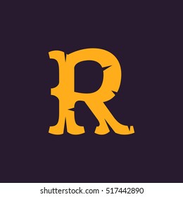 R letter logo. Vintage serif type with rough edges. Vector decorative font for horror or historical labels, posters etc.