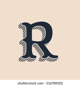 R letter logo in vintage western style with lines shadow. Vector font for labels, posters etc. 