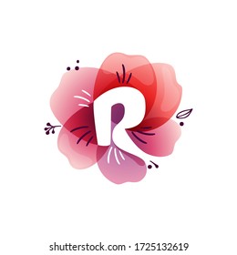 R letter logo at watercolor overlapping flower. Negative space icon with ink herbs and leaves pattern. Perfect font for botanical labels, birthday print, wedding posters etc.