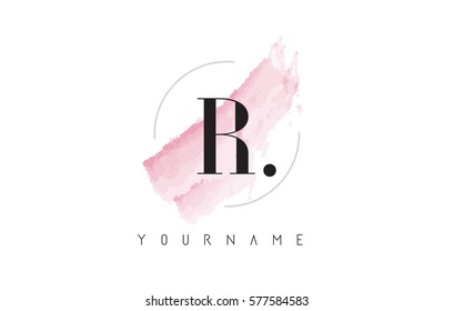 R Letter Logo with Watercolor Pastel Aquarella Brush Stroke and Circular Rounded Design. 