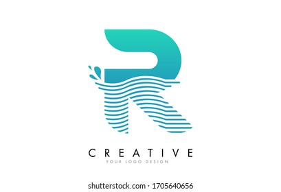 R Letter Logo with Waves and Water Drops Design Vector Illustration.