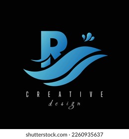 R Letter Logo with Waves and Water Drops Design Vector Illustration