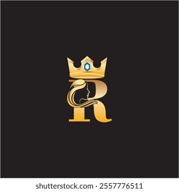 R letter logo with woman and crown in gold color and black background