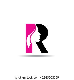 R Letter Logo with Woman's Face Silhouette. R Beauty Logo.