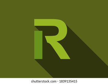 R Letter with long shadow, green colors cutting style. For logo, brand label, design elements, corporate identity, application & more. Vector editable illustration.