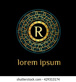 R letter luxury golden monogram. Hotel logo (sign, symbol, icon, enblem, label). Boutique logo, Restaurant logo. Vector illustration