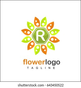 R letter. Luxury green & orange flower vector logo design. Corporate identity with leaves and water waves.