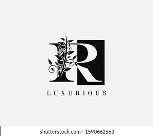 R Letter Luxury Vintage Logo. Minimalist R With Classy Leaves Shape design perfect for fashion, Jewelry, Beauty Salon, Cosmetics, Spa, Hotel and Restaurant Logo. 