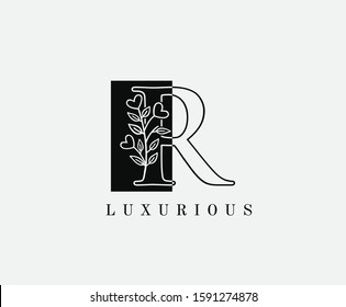 R Letter Luxury Vintage Logo. Minimalist R With Hand Drawn Leaves Shape design perfect for fashion, Jewelry, Beauty Salon, Cosmetics, Spa, Hotel and Restaurant Logo. 