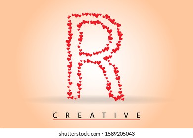 R letter with many red love hearts borders vector illustration. Styled Valentine letter for Valentine's Day, love message, wedding invitation, icon, logo, label, brochure, greeting card or web page.