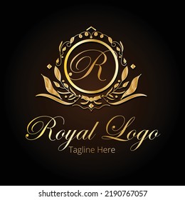 R letter mark circle shaped based golden colored royal logo with floral decorated design and dummy text on dark background.