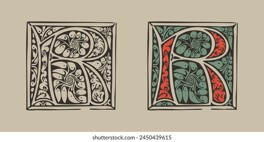 R letter medieval Gothic initial illuminated by foliage ornament. Engraved German drop cap. Dark age hand painted emblem. Classic Latin alphabet font based on XV century embellishment manuscript.