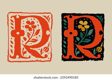 R letter medieval grunge gothic initial. 16th century engraved drop cap. Blackletter style vintage font. Middle Ages capital alphabet with floral ornament. Vector square shaped illuminated calligraphy