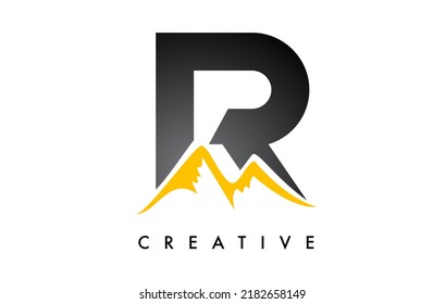 R Letter Mountain Icon Logo Design. Letter R with Mountain Peaks and Black Yellow Shape Vector Illustration.