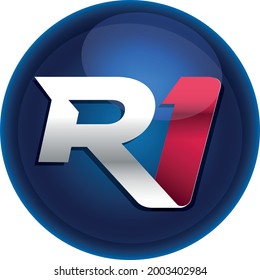 R letter and number one icon in a blue shiny circle. One blue sphere logo.