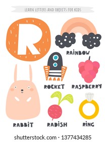 R letter objects and animals including rabbit, raspberry, rocket, rainbow, radish, ring. Learn english alphabet, letters, words for kids