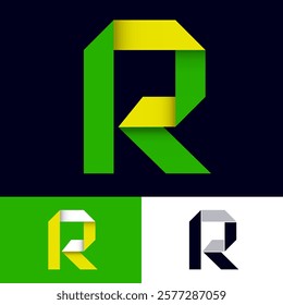 
R letter in origamy style. R monogram consist of green-yellow paper strips.