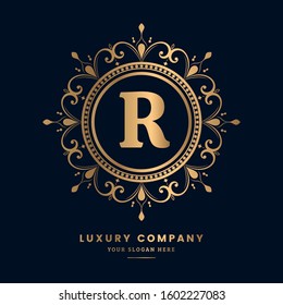 R letter ornament elegant golden Luxury logo. Ornament logo for royal service of Restaurant,Boutique,Cafe,Hotel,Heraldic,Jewelry,Fashion,royal,spa,vintage,floral,ornament,jewelry,antique,wedding.